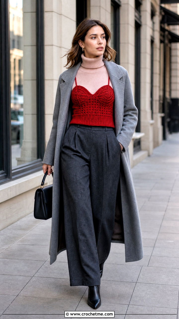 Turtleneck Layered Crochet Bustier Top With Wool Trousers - 35 crochet bustier top outfit ideas