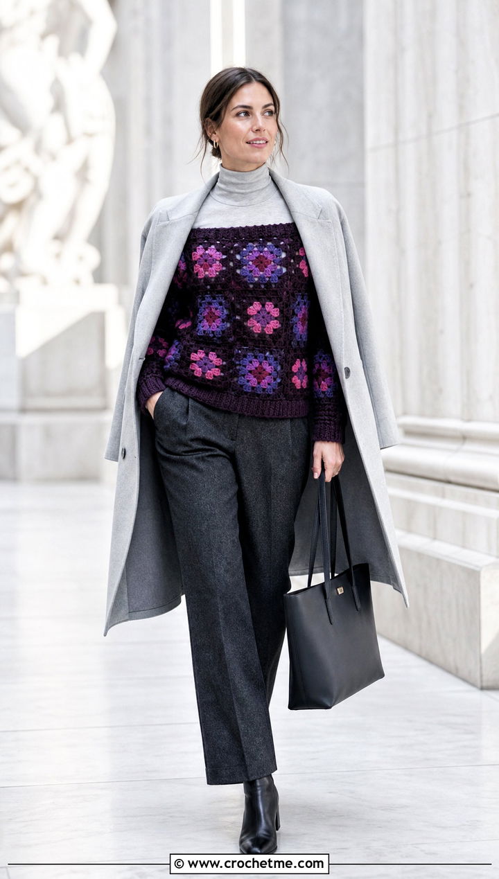 Turtleneck Layered Granny Square Off The Shoulder Sweater With Wool Trousers - 20 granny square off the shoulder sweater outfit ideas