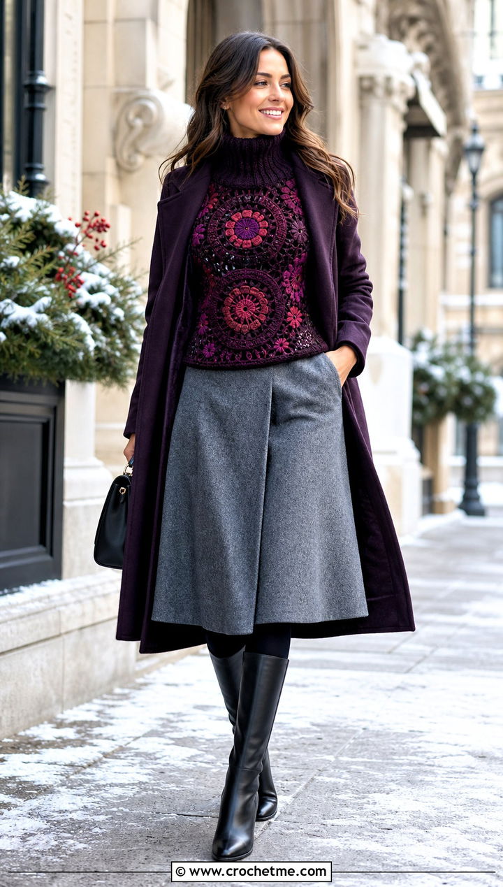 Turtleneck Mandala Crochet Sweater With A Line Skirt - 25 Mandala Crochet Sweater outfit ideas