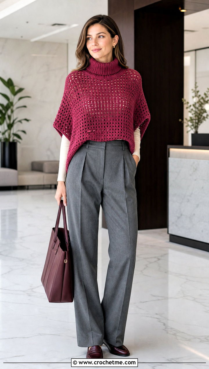 Turtleneck Mesh Crochet Poncho With Pleated Trousers - 25 Mesh Crochet Poncho outfit ideas