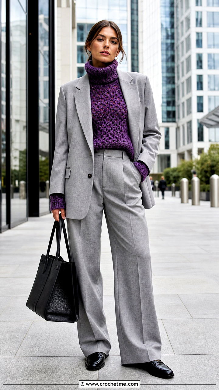 Turtleneck Mohair Crochet Sweater With Relaxed Suit - 35 mohair crochet sweater outfit ideas