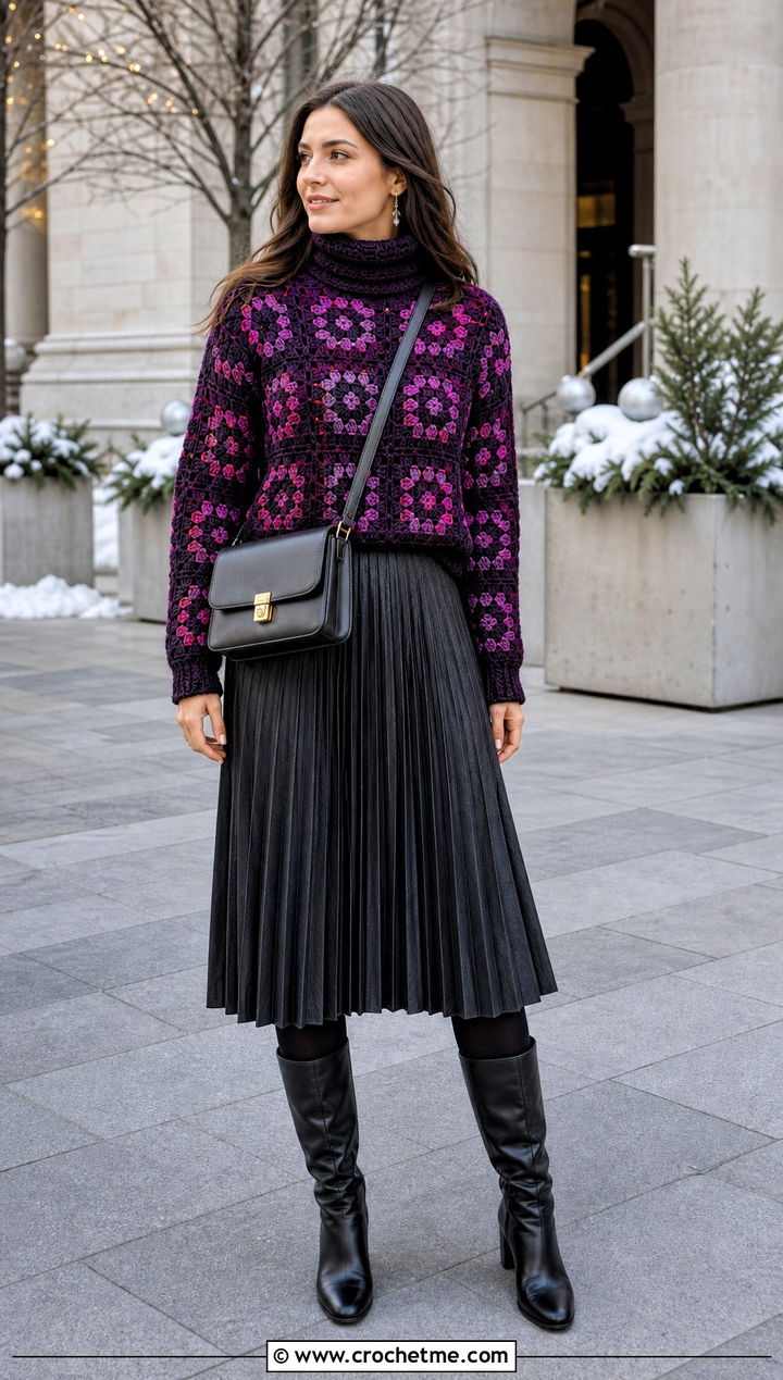 Turtleneck Mosaic Crochet Sweater With Pleated Midi Skirt - 25 Mosaic Crochet Sweater outfit ideas