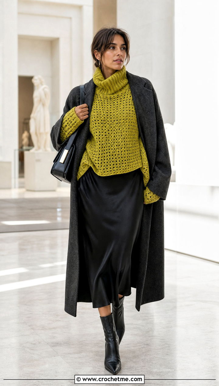 Turtleneck Oversize Crochet Sweater With Slip Dress - 15 Oversize Crochet Sweater outfit ideas