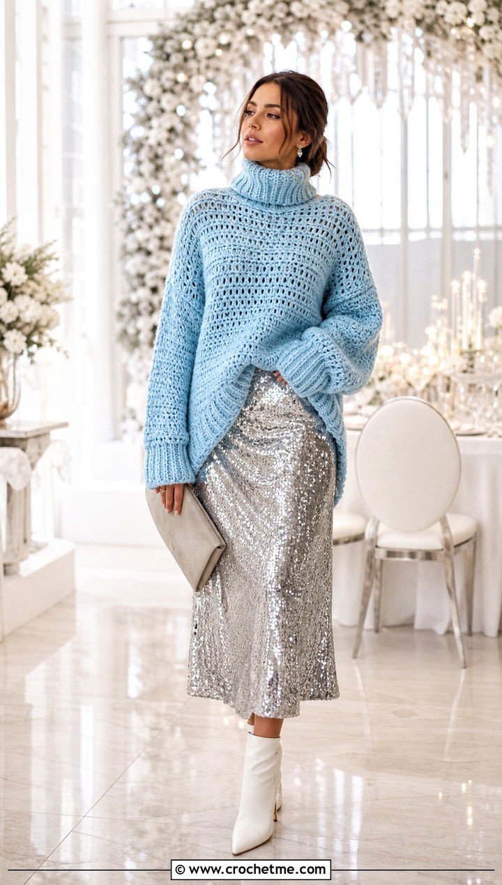 Turtleneck Oversized Crochet Jumper With Sequin Midi Skirt - 25 oversized crochet jumper outfit ideas
