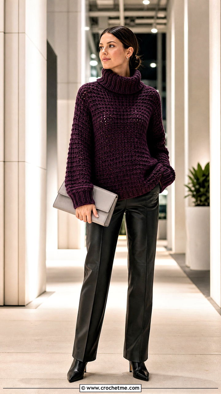 Turtleneck Oversized Crochet Sweater With Leather Pants - 35 oversized crochet sweater outfit ideas