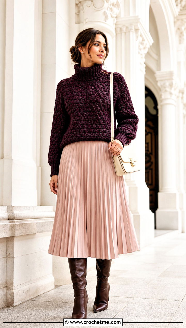 Turtleneck Puff Stitch Sweater With Pleated Midi Skirt - 20 Crochet Puff Stitch Sweater outfit ideas