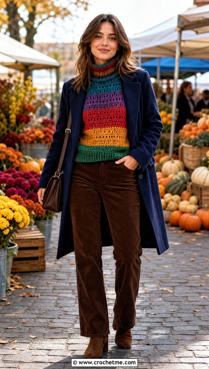 Turtleneck Rainbow Striped Crochet Sweater With Corduroy Pants - 15 rainbow striped crochet sweater outfit ideas