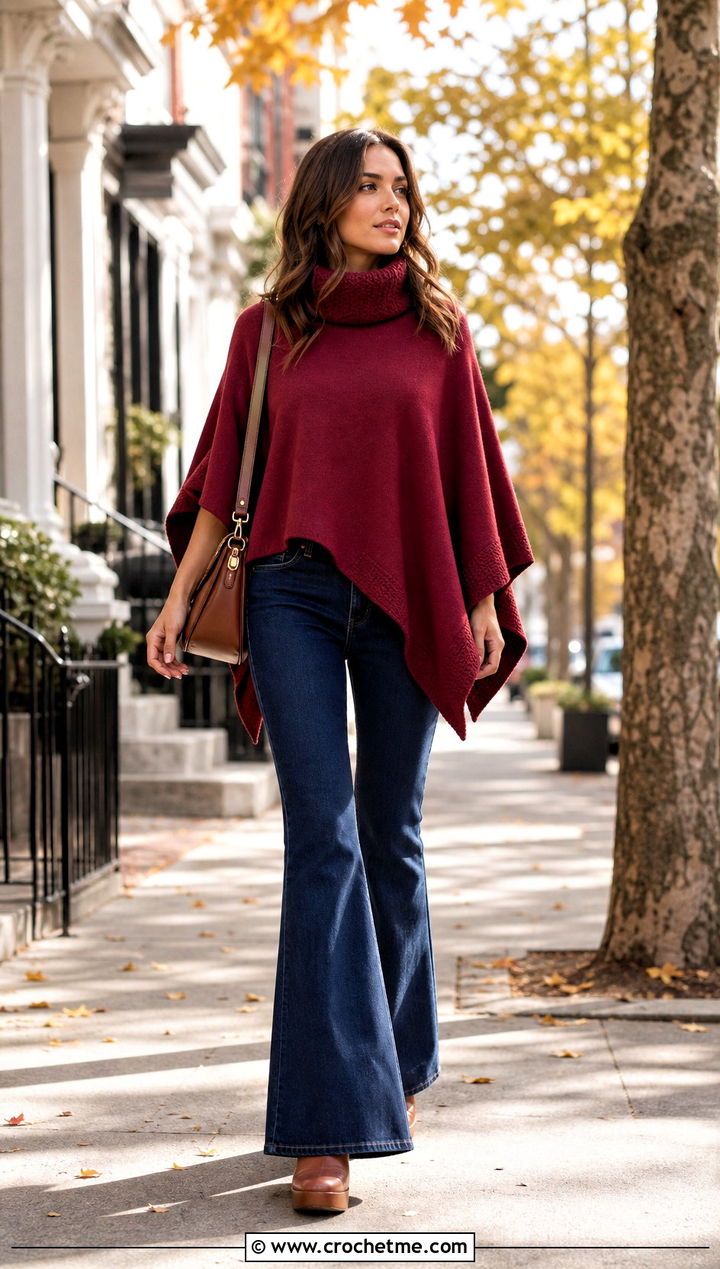 Turtleneck Rectangle Poncho With Flare Jeans - 30 crochet rectangle poncho outfit ideas