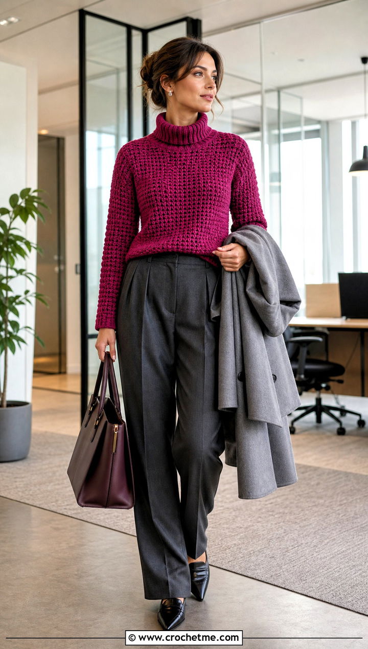 Turtleneck Rustic Crochet Sweater With Tailored Trousers - 15 Rustic Crochet Sweater outfit ideas