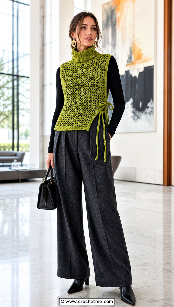 Turtleneck Side Tie Crochet Vest With Wide Leg Trousers - 30 crochet vest tie sides outfit ideas