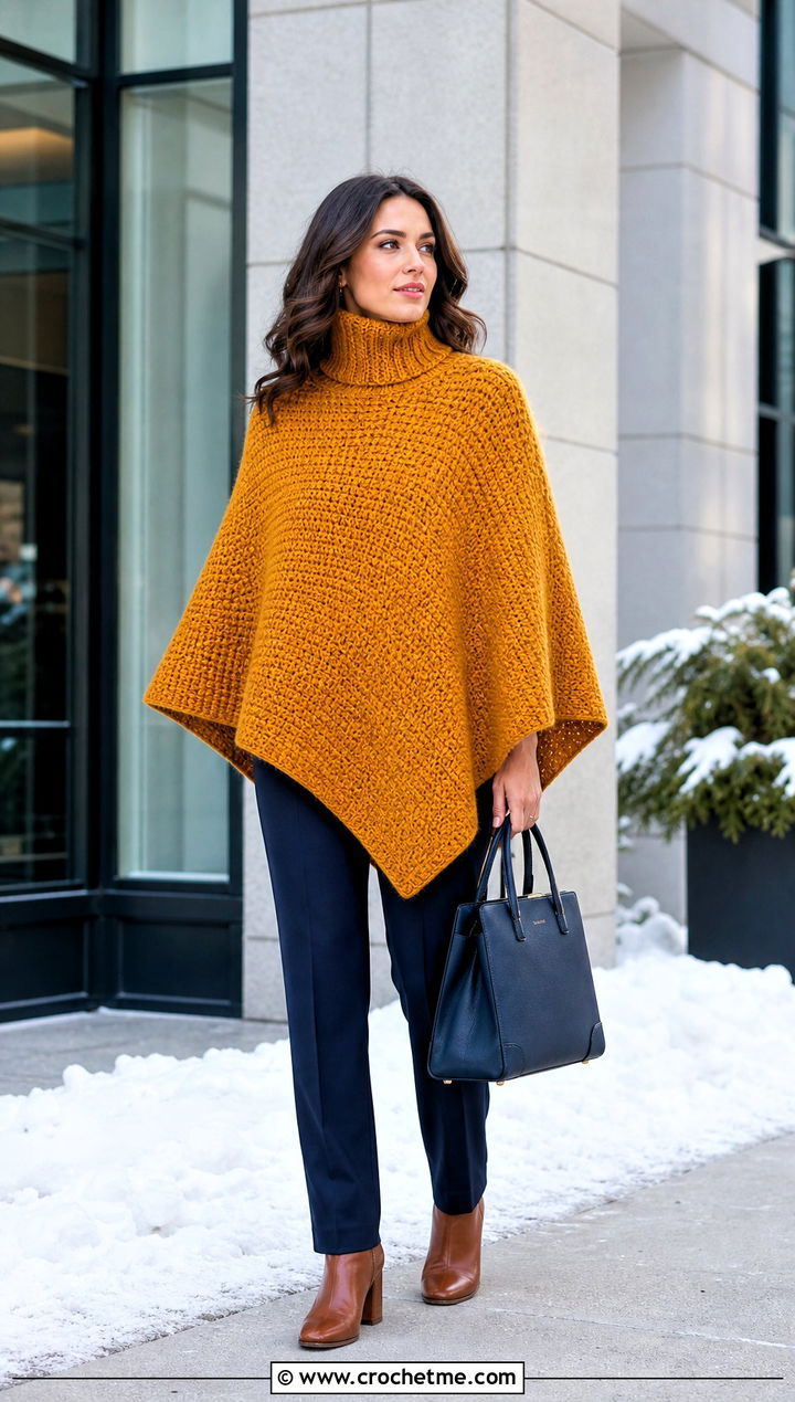 Turtleneck Square Poncho With Straight Trousers - 30 crochet square poncho outfit ideas