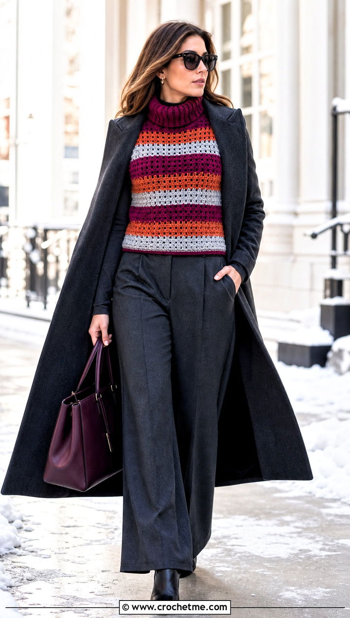 Turtleneck Stripe Crochet Vest With Wool Trousers - 25 crochet vest stripes outfit ideas