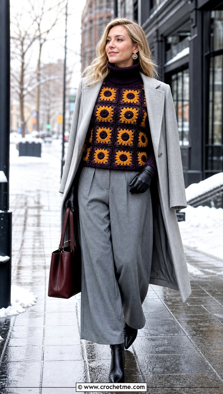Turtleneck Sunflower Granny Square Sweater With Wool Trousers - 30 sunflower granny square sweater outfit ideas