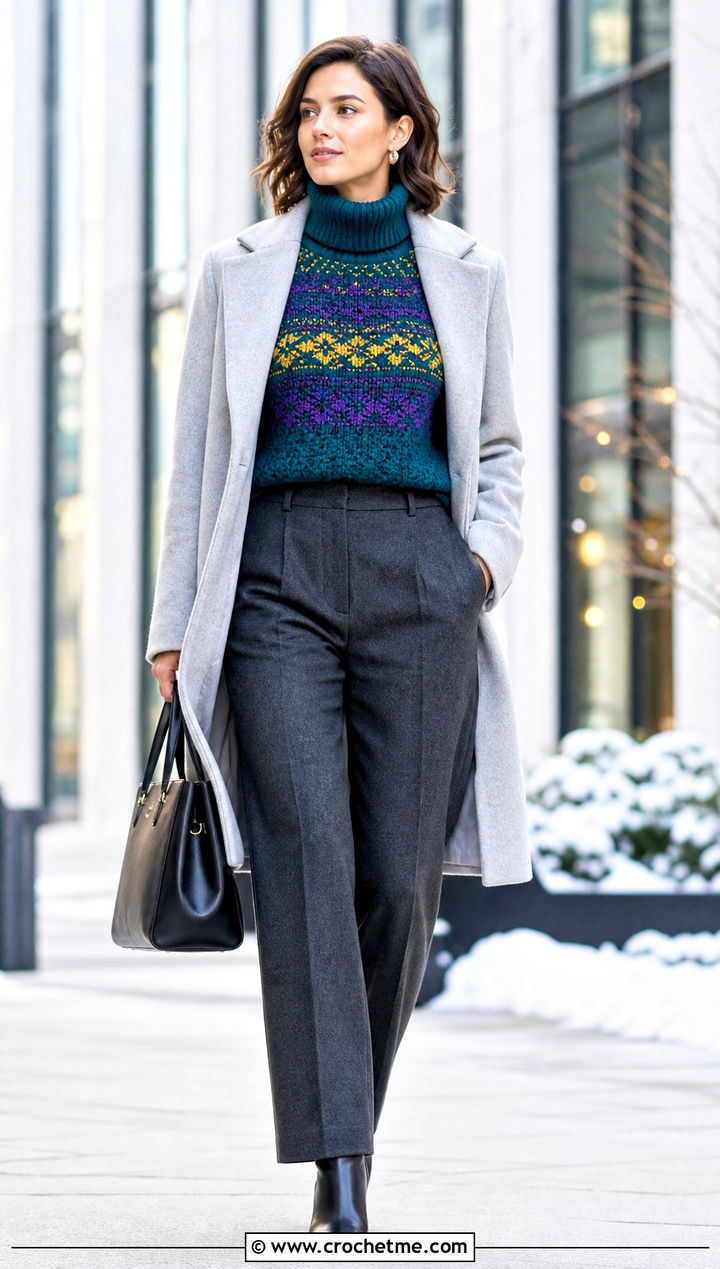 Turtleneck Tapestry Crochet Sweater With Wool Trousers - 30 tapestry crochet sweater outfit ideas
