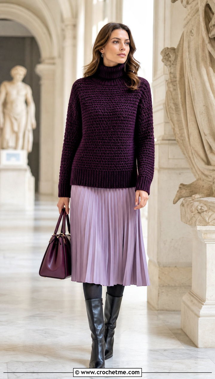 Turtleneck Thick Yarn Crochet Sweater With Pleated Midi Skirt - 25 thick yarn crochet sweater outfit ideas