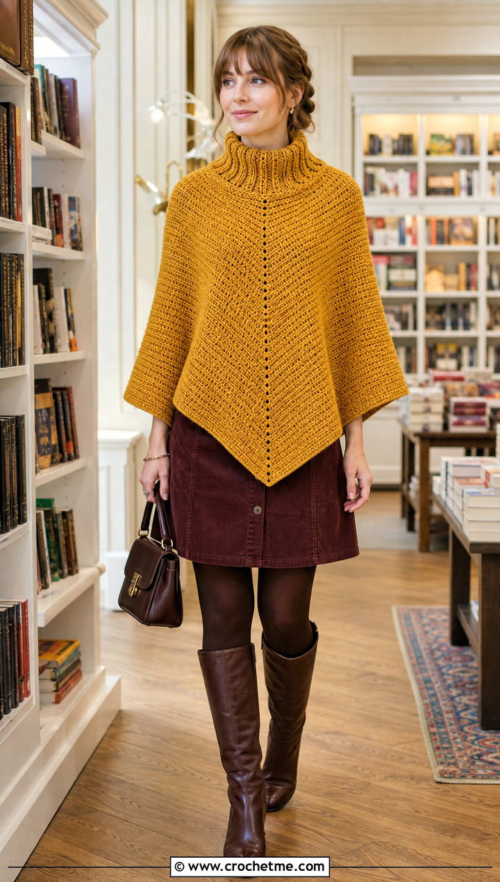 Turtleneck Uptown Crochet Poncho With Mini Skirt - 15 Uptown Crochet Poncho outfit ideas