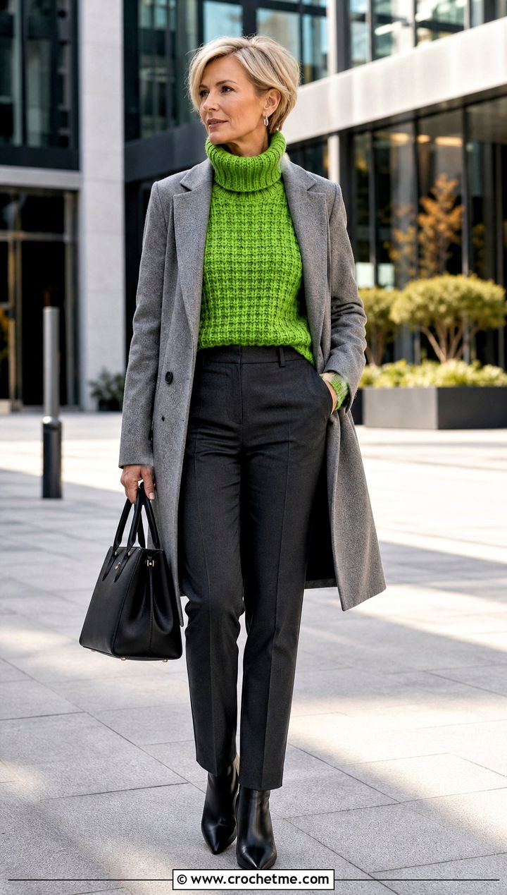 Turtleneck Waffle Stitch Crochet Sweater With Tailored Trousers - 30 waffle stitch crochet sweater outfit ideas