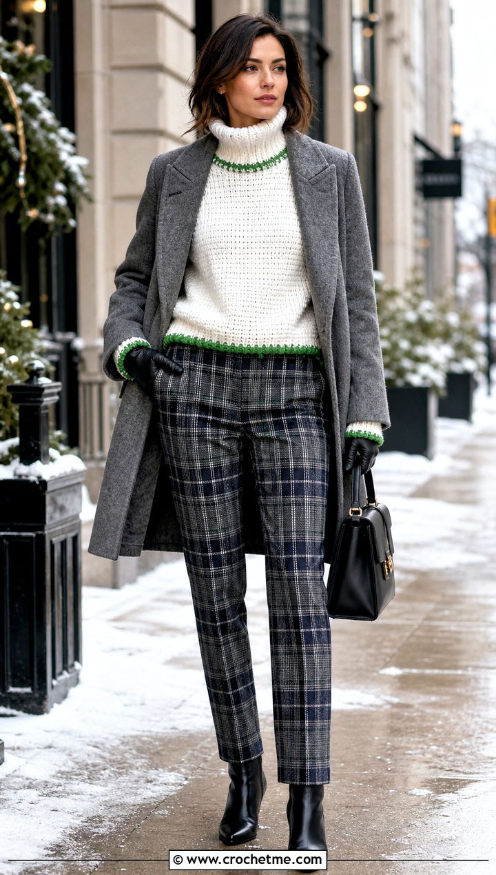 Turtleneck White Crochet Sweater With Plaid Trousers - 35 crochet white sweater outfit ideas