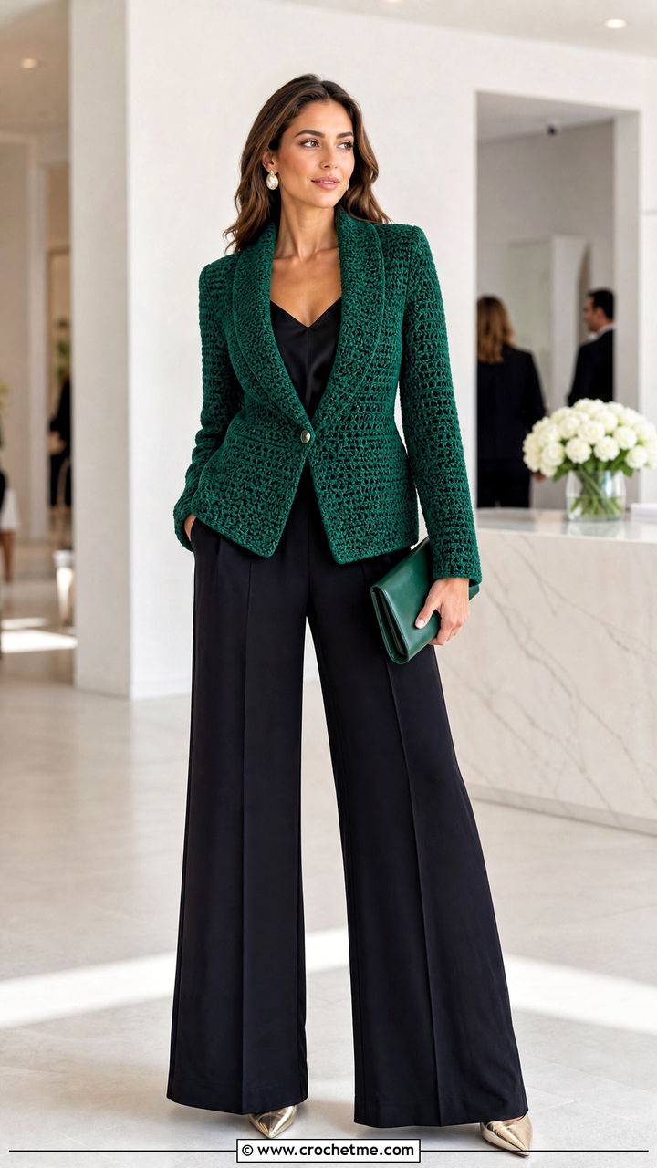 Tuxedo Crochet Blazer With Palazzo Pants - 35 crochet blazer outfit ideas