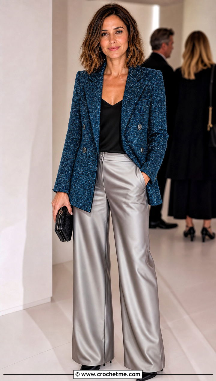 Tuxedo Crochet Tweed Jacket With Satin Pants - 30 crochet tweed jacket outfit ideas