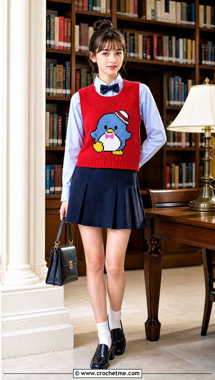 Tuxedosam Bow Tie Crochet Vest With A Line Skirt - 25 Sanrio Crochet Clothes and outfit ideas