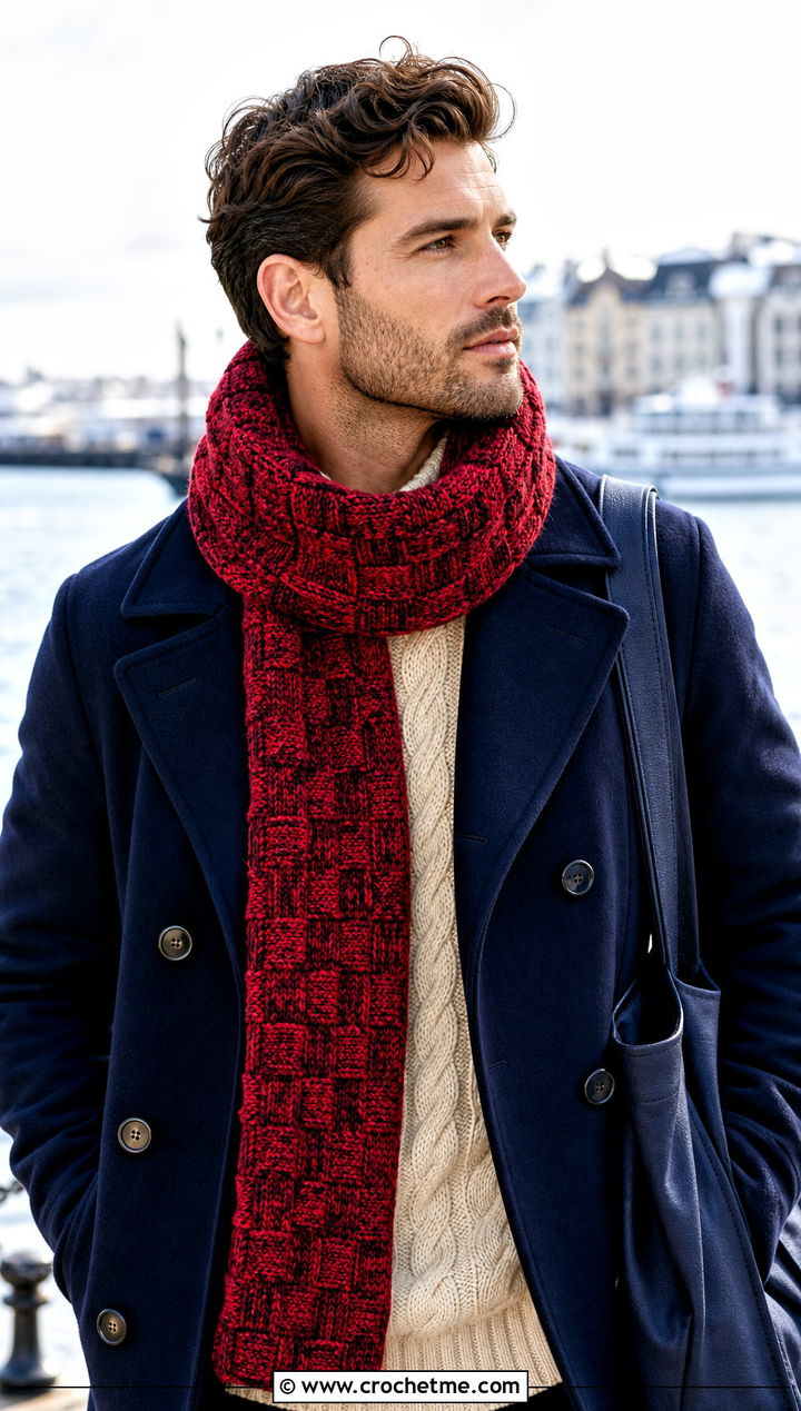 Tweed Basketweave Crochet Scarf With Peacoat - 15 Tweed Men's Crochet Scarf outfit ideas