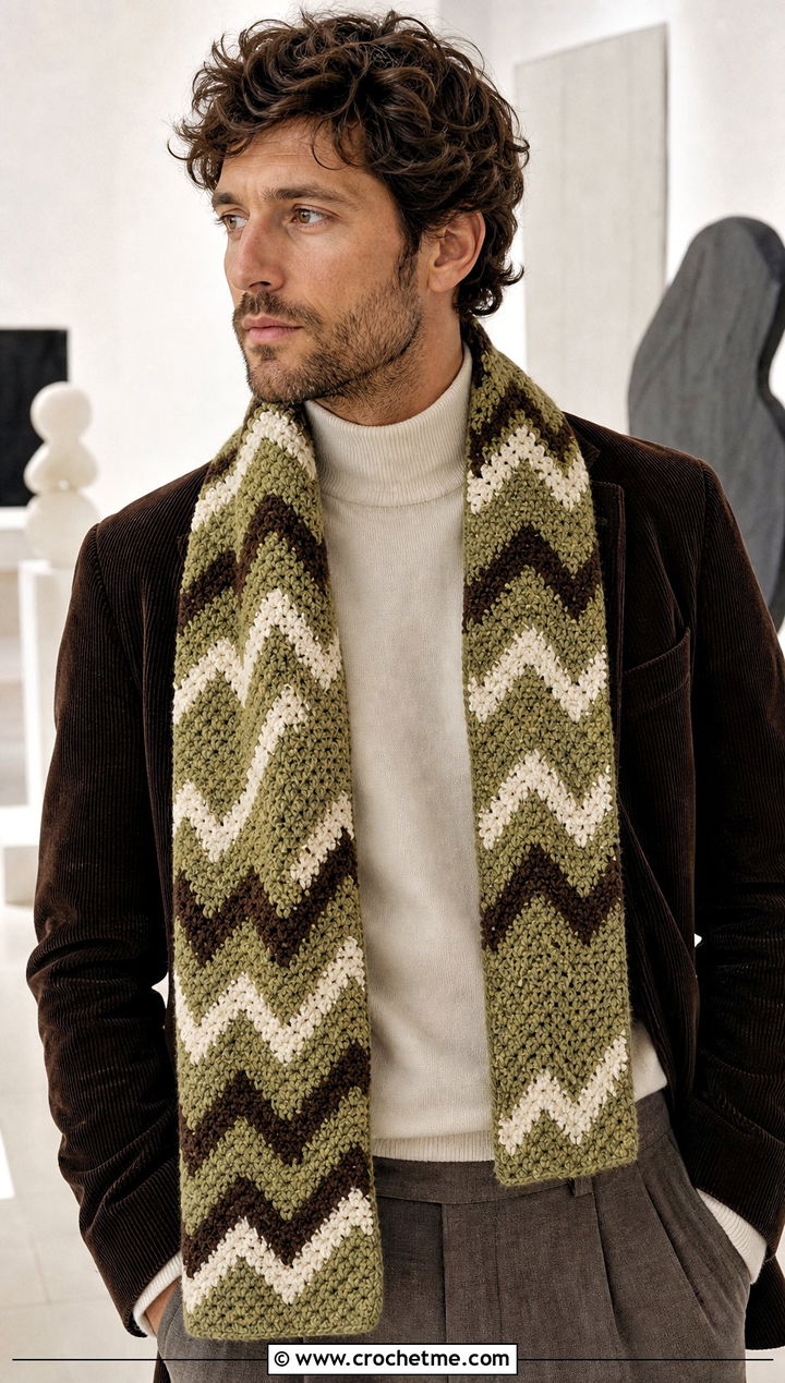 Tweed Chevron Crochet Scarf With Corduroy Blazer - 15 Tweed Men's Crochet Scarf outfit ideas