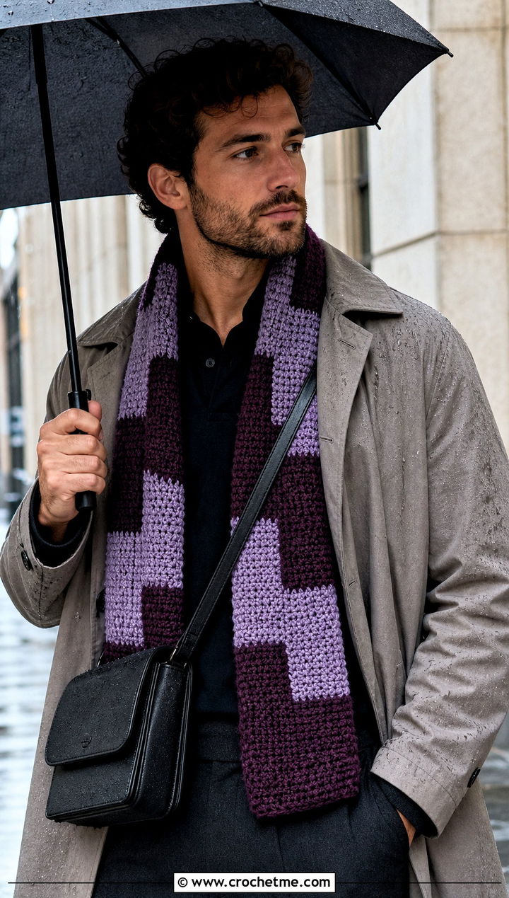 Tweed Color Block Crochet Scarf With Trench Coat - 15 Tweed Men's Crochet Scarf outfit ideas