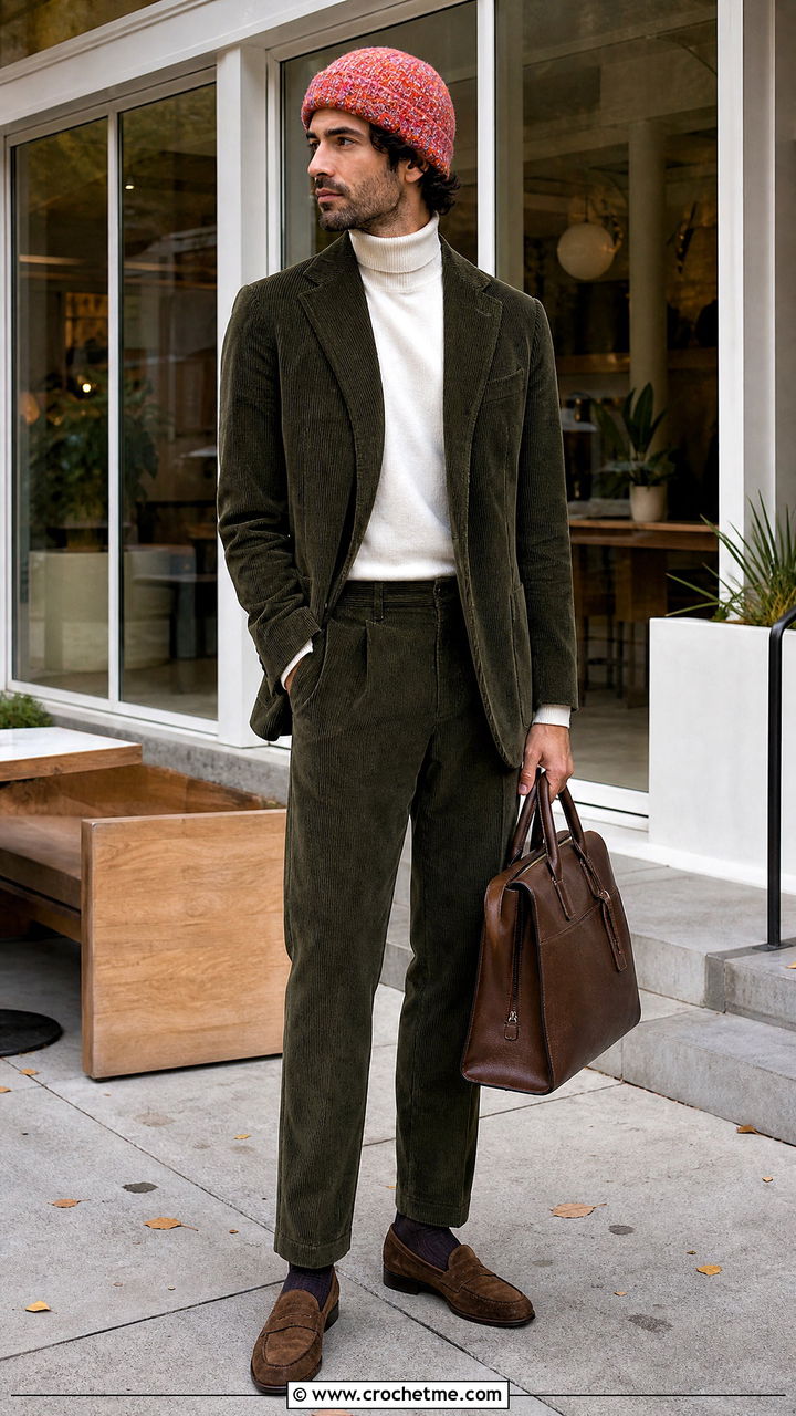 Tweed Crochet Beanie With Corduroy Suit - 35 men's crochet beanie outfit ideas