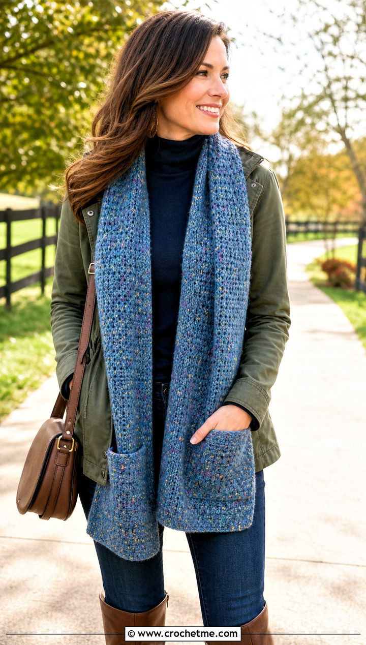 Tweed Crochet Pocket Scarf With Riding Boots - 25 crochet pocket scarves outfit ideas