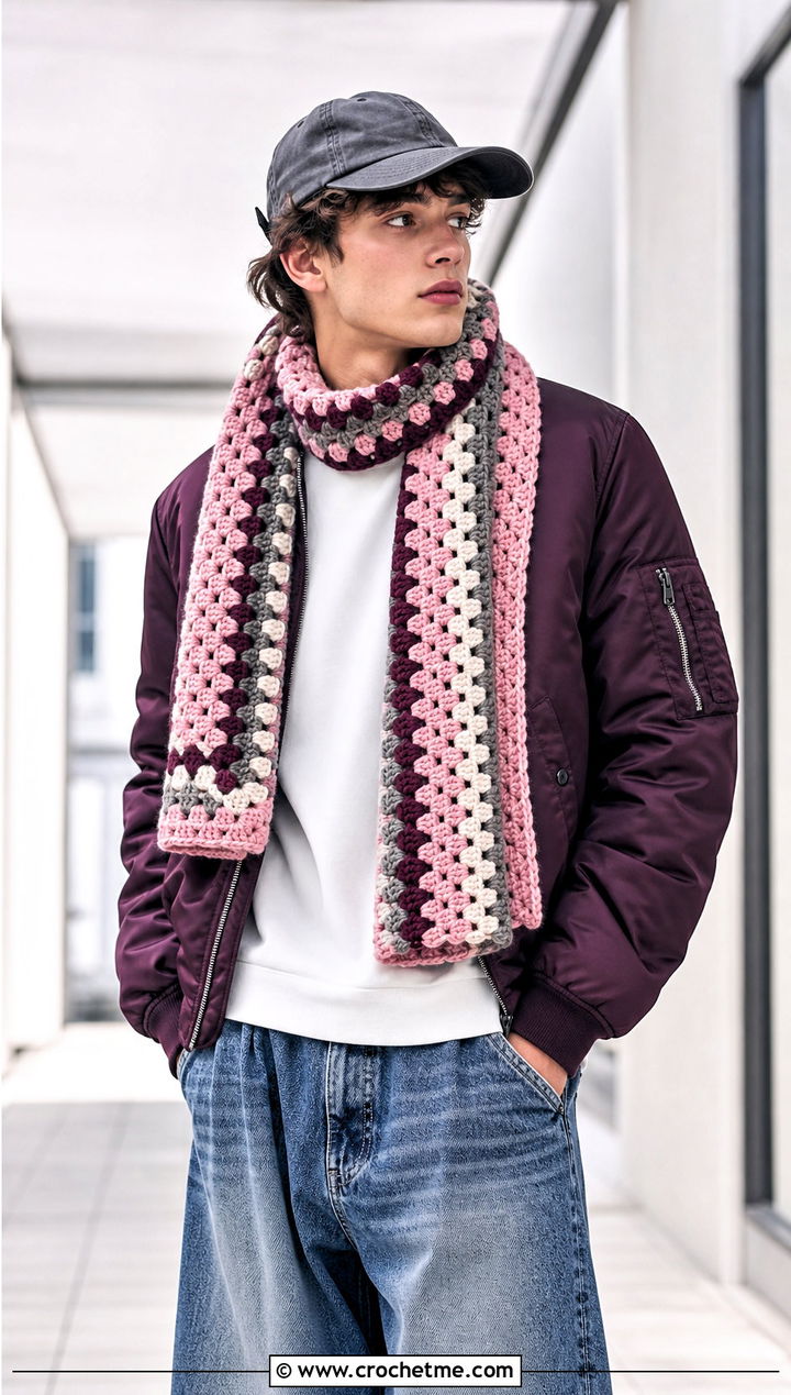 Tweed Granny Stripe Crochet Scarf With Bomber Jacket - 15 Tweed Men's Crochet Scarf outfit ideas