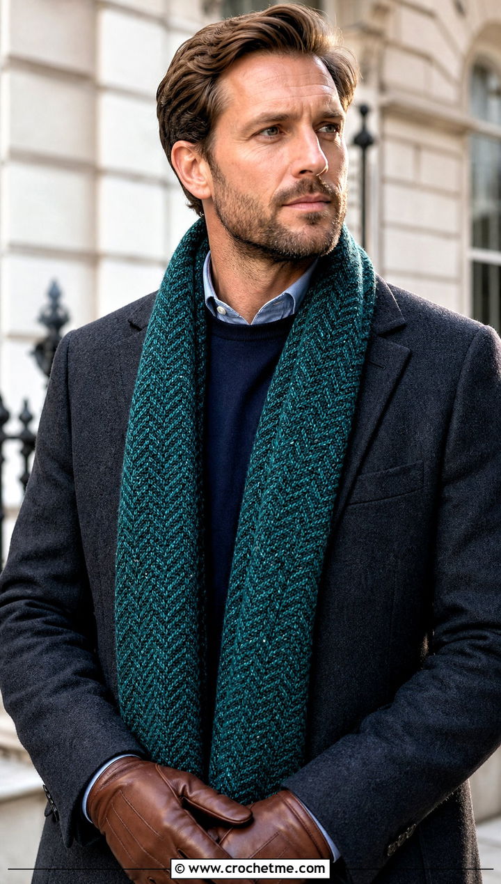Tweed Herringbone Crochet Scarf With Wool Overcoat - 15 Tweed Men's Crochet Scarf outfit ideas
