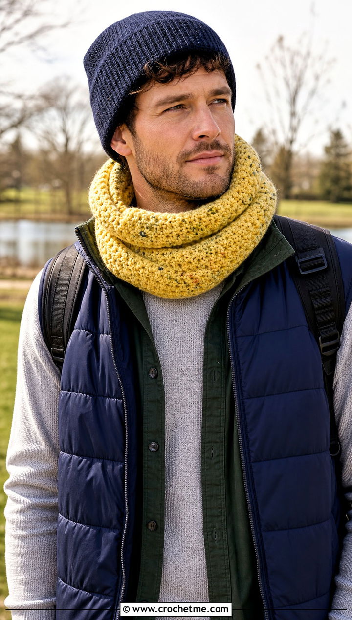 Tweed Infinity Crochet Scarf With Puffer Vest - 15 Tweed Men's Crochet Scarf outfit ideas