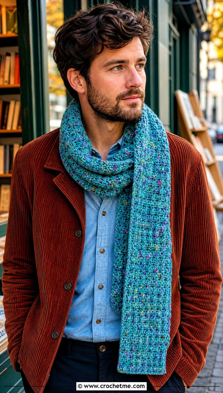Tweed Look Crochet Scarf With Corduroy Jacket - 30 crochet scarf ideas for men