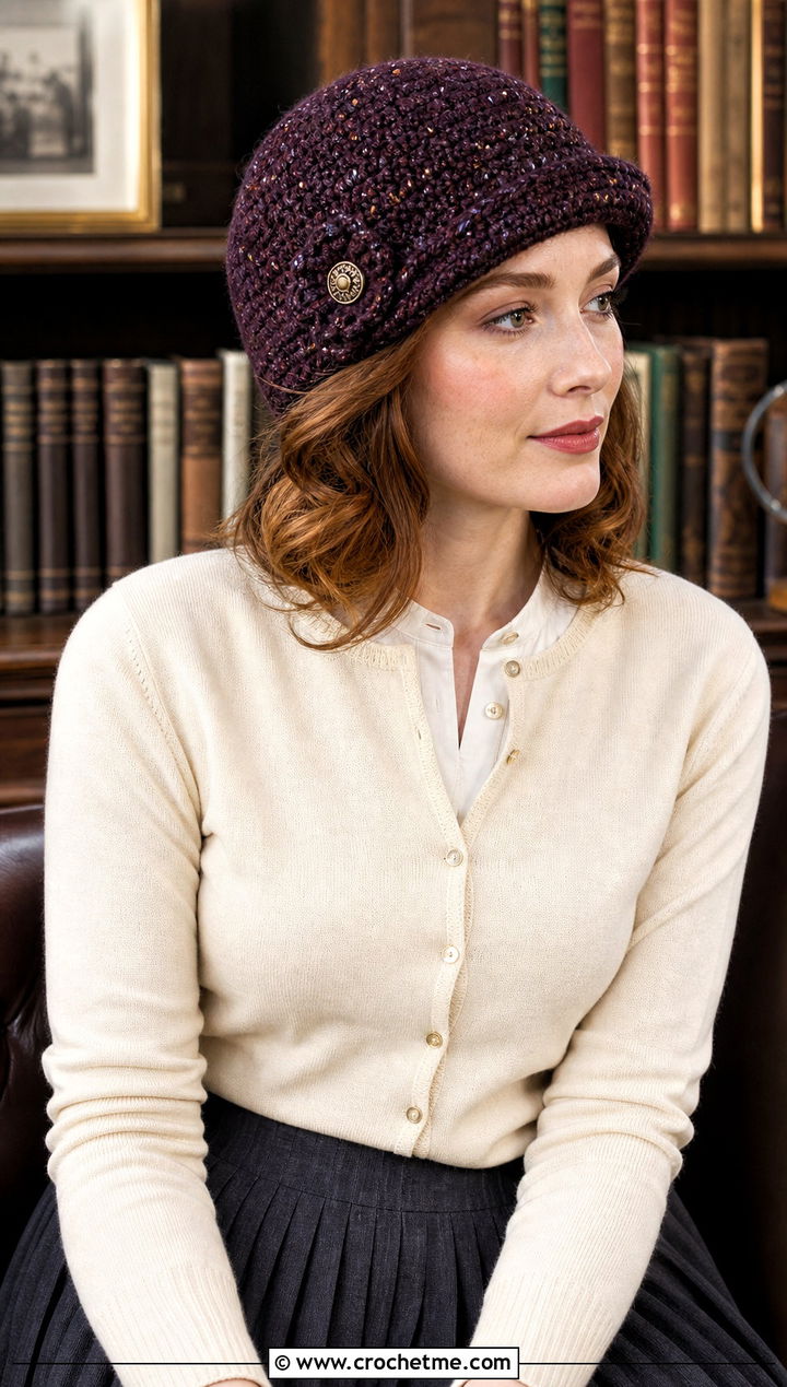 Tweed Look Gatsby Crochet Hat With Cardigan And Pleated Skirt - 15 Gatsby Crochet Hat outfit ideas