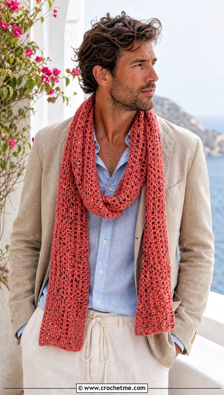 Tweed Open Stitch Crochet Scarf With Linen Shirt - 15 Tweed Men's Crochet Scarf outfit ideas