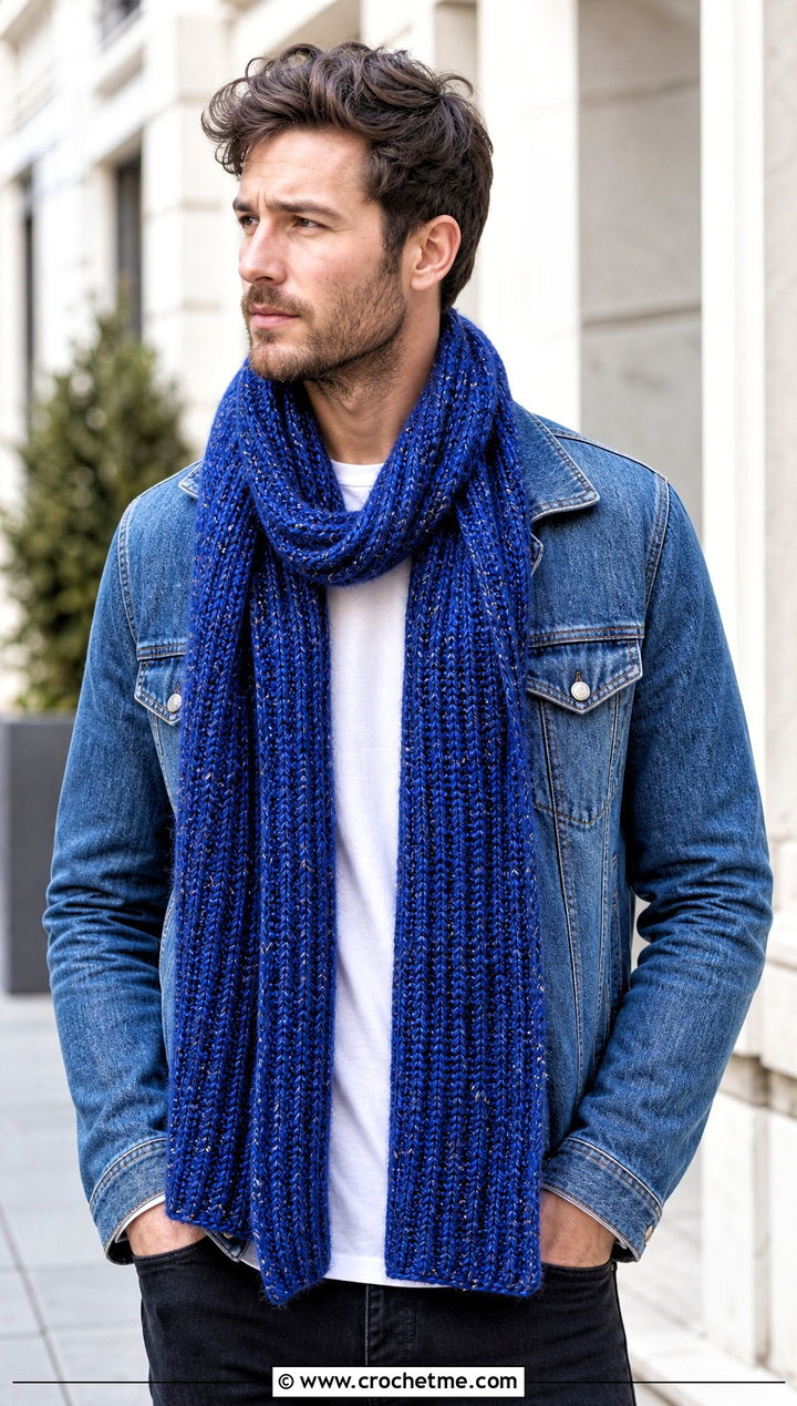 Tweed Ribbed Crochet Scarf With Denim Jacket - 15 Tweed Men's Crochet Scarf outfit ideas