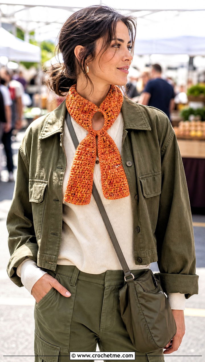 Tweed Stitch Keyhole Scarf With Utility Jacket - 15 Crocheted Keyhole Scarf outfit ideas