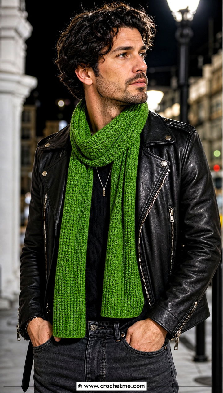 Tweed Tunisian Crochet Scarf With Leather Jacket - 15 Tweed Men's Crochet Scarf outfit ideas