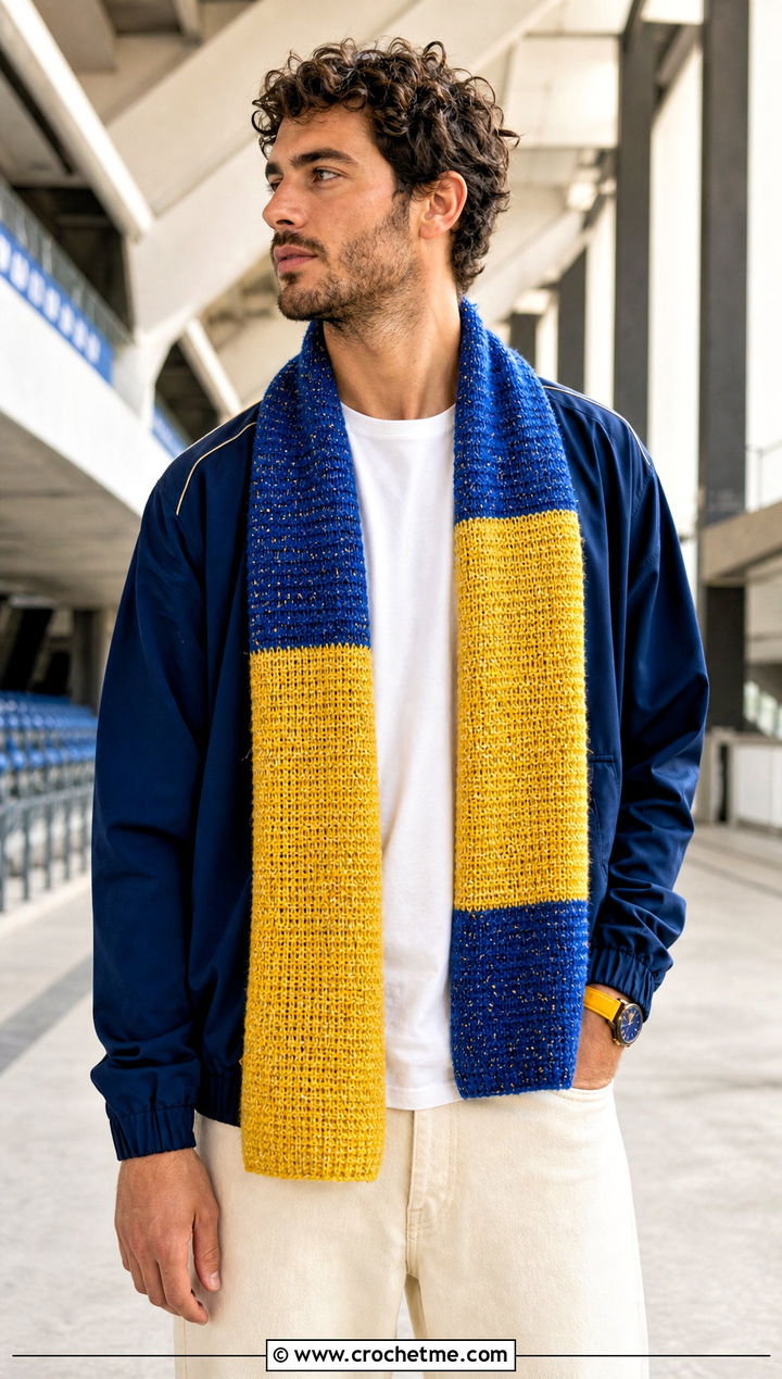 Tweed Two Tone Crochet Scarf With Track Jacket - 15 Tweed Men's Crochet Scarf outfit ideas