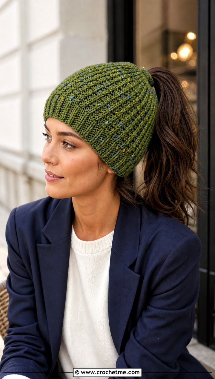 Tweed Yarn Crochet Ponytail Beanie With Blazer And Cropped Jeans - 30 crochet beanie with ponytail hole outfit ideas
