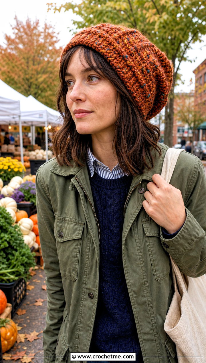 Tweed Yarn Crochet Slouch Beanie With Field Jacket - 35 crochet slouch beanie outfit ideas