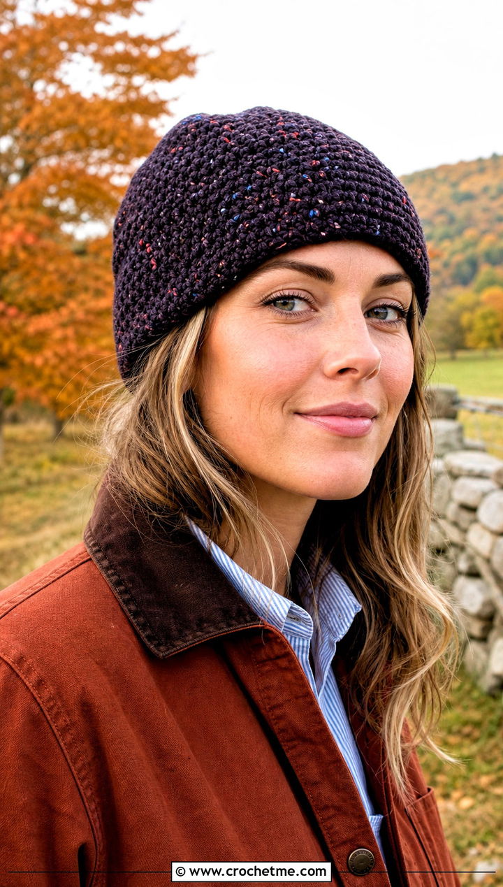 Tweed Yarn Magic Circle Crochet Beanie With Barn Jacket - 25 Crochet Beanie Magic Circle outfit ideas