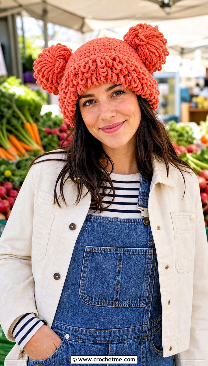 Twin Bun Cabbage Patch Crochet Hat With Denim Overalls - 25 Cabbage Patch Crochet Hat outfit ideas