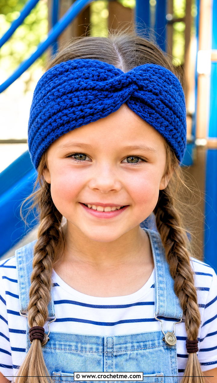 Twist Crochet Child Headband With Denim Overalls - 20 Crochet Childs Headband outfit ideas