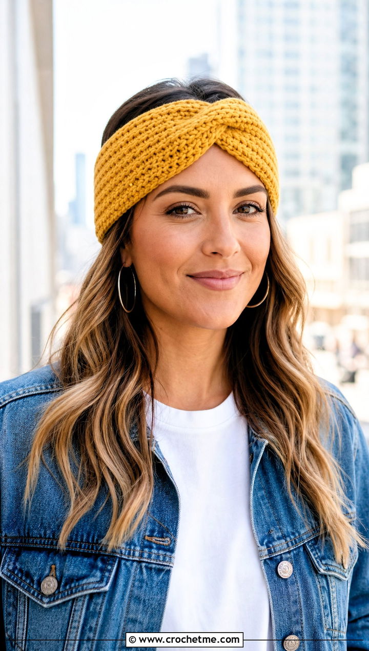 Twist Crochet Headband With Denim Jacket - 30 crochet headband for women outfit ideas
