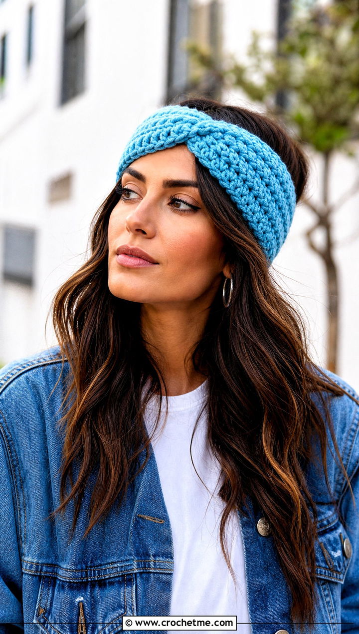 Twist Crochet Headband With Denim Jacket - 30 chunky crochet headband outfit ideas