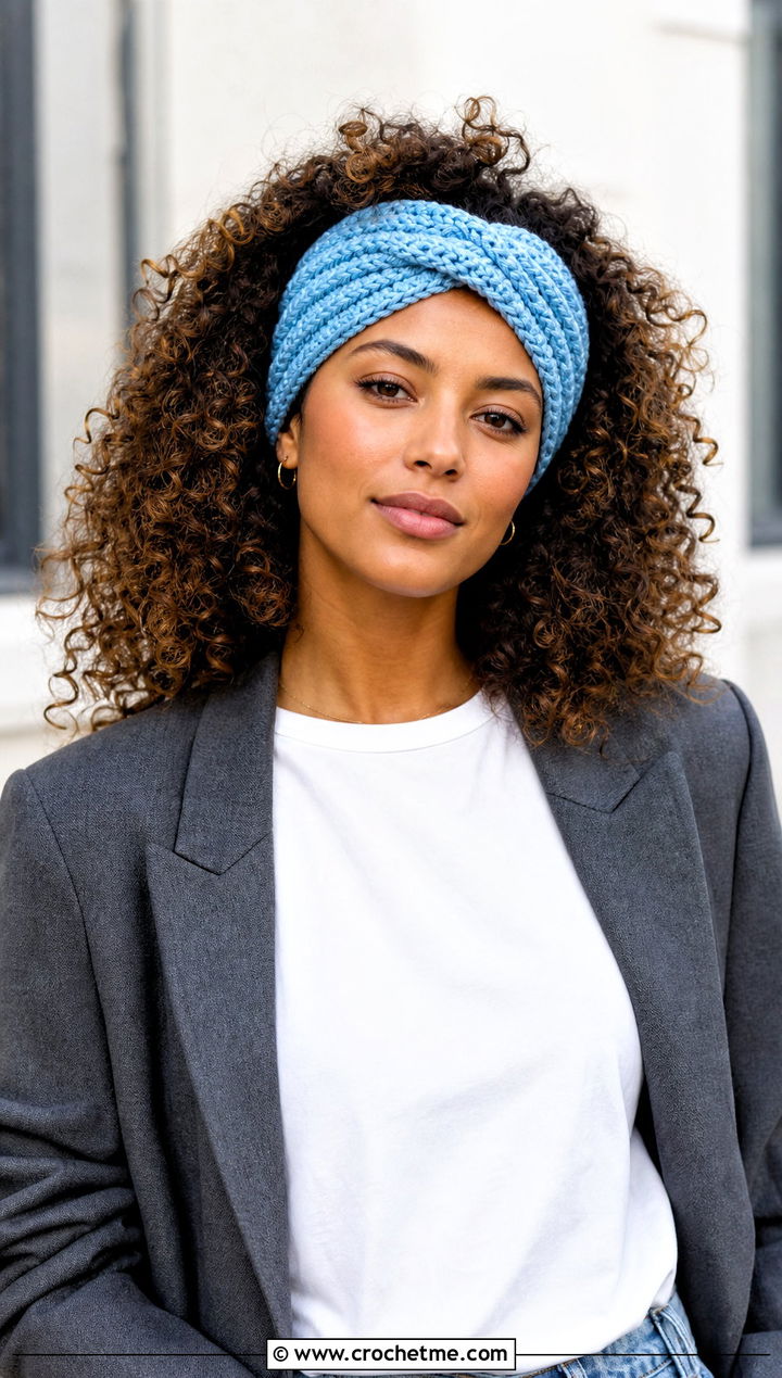 Twist Crochet Headband With Jeans And Blazer - 30 crochet headband curly hair outfit ideas
