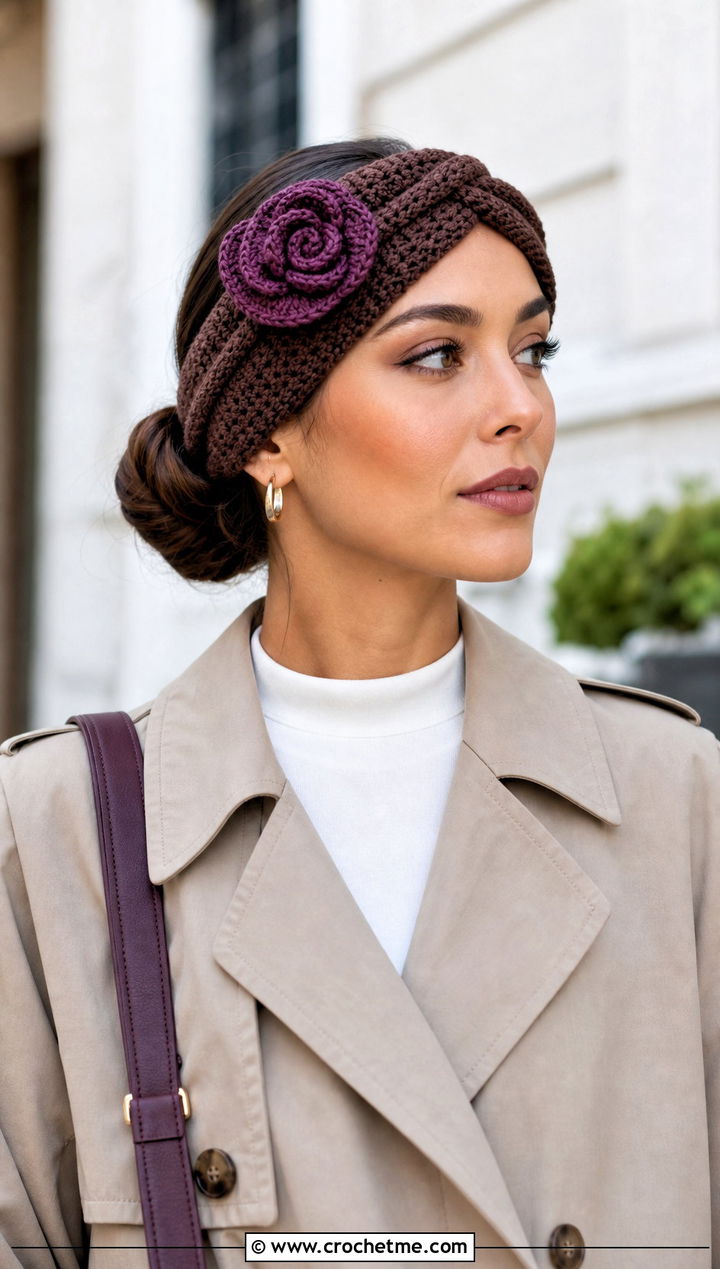 Twist Front Brown Crochet Rose Headband With Trench Coat - 15 brown crochet headband with flower outfit ideas