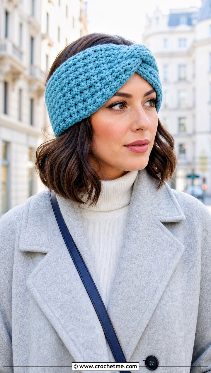 Twist Front Chunky Crochet Ear Warmer With Wool Coat - 30 chunky crochet ear warmer outfit ideas